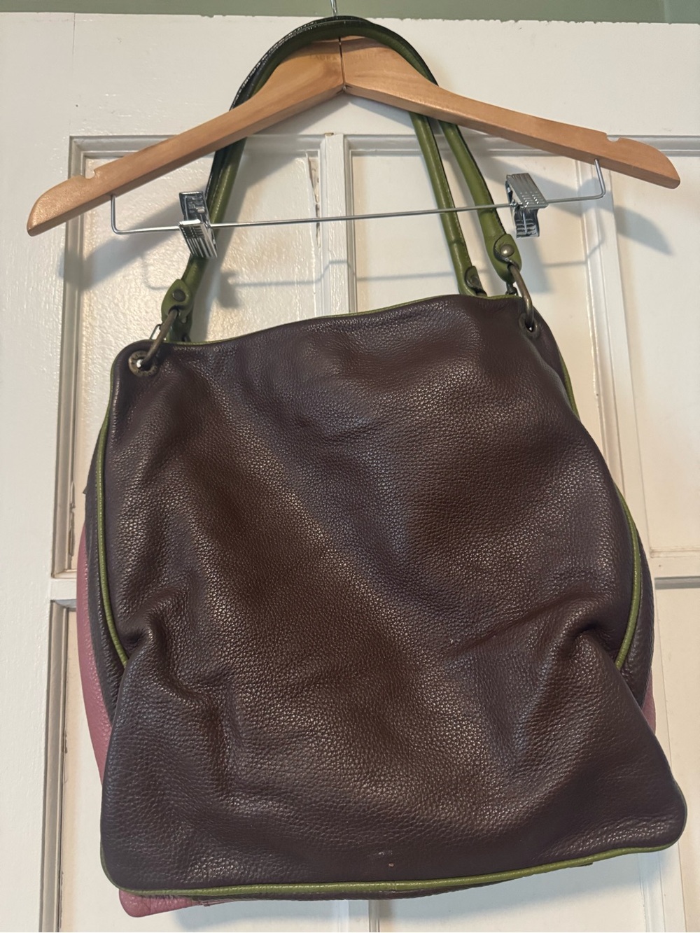 Leather Tote Bag in Dark Brown and Green/Pink Accents
